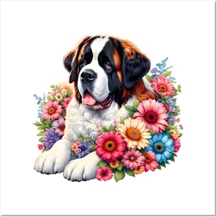 A St. Bernard dog decorated with beautiful colorful flowers. Posters and Art